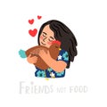 Go vegan. Vector illustration about friendship between people and animals. Little kind girl hugs the chicken. Nature