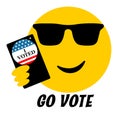Go Vote, cool smiling emoji with sunglasses, phone and I Voted pin, USA elections, young, millennial voter concept