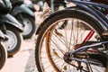 Goa, India. Close Up Of Bike Wheel Of Bicycle On Street