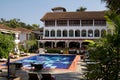 Goa, India - December 16, 2016: Swimming pool area of a hotel in Baga, Goa