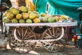 Goa, India. Many Coconuts Piled On Cart For Sale In Grocery Market