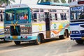 Goa, India - October 26, 2018: Local colorful Indian bus parked outdoors during day time