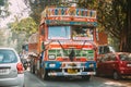 Goa, India. Painted Truck Moving On Street