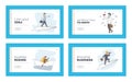 Goal Achievement and Leadership Landing Page Template Set. Business Characters Sail Paper Boat, Flying on Airplane