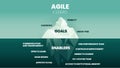 The goal of the Agile iceberg is on the surface to have visibility, error-free, and faster ROI. The hidden underwater has enablers
