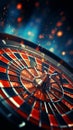 Goal attained Close up of red darts hit center target against dark blue sky Royalty Free Stock Photo