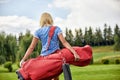 Goal concept, copy space. Women golfing time holding golf equipment on green field background. The pursuit of excellence Royalty Free Stock Photo