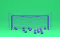 A Goal frame and bunch of violet football balls after multiple shots in green room, two colors, 3d rendering Royalty Free Stock Photo