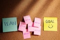 Goal, Plan, Challenge and Strategy Concept. Sticky Note on Cork Board on Working Desk. Closeup and Selective Focus on Goal Royalty Free Stock Photo
