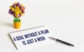 A goal without a plan is just a wish, motivational phrase on notepad and white background Royalty Free Stock Photo