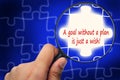 A goal without a plan is just a wish! word. Magnifier and puzzle