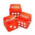 Goal, plan and strategy words on three red dice