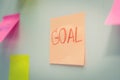 Goal. Post It. many colored sheets sticky note paper on white board background Royalty Free Stock Photo