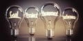Goal, project, management, performance - shining four light bulbs - 3D illustration
