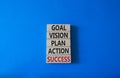 Goal Vision Plan Action Success symbol. Concept words Goal Vision Plan Action Success on wooden blocks. Beautiful blue background Royalty Free Stock Photo