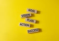 Goal Vision Plan Action Success symbol. Concept words Goal Vision Plan Action Success on wooden blocks. Beautiful yellow Royalty Free Stock Photo