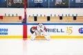 Goalie A. Lazushin 88 on time out during ice hockey game Vityaz vs Lokomotiv on Russia KHL championship in Podolsk, Russia. Royalty Free Stock Photo