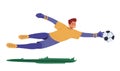 Goalie Male Character Wear Football Team Uniform in Motion on Stadium. Goalkeeper Jump and Catch Ball in Soccer Match