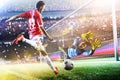 Goalkeeper catches the ball on the soccer stadium Royalty Free Stock Photo