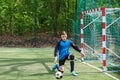 Goalkeeper catches the ball. Stadium goalie sports play ground game, grass soccer keeper man, outdoorsc ompetition,