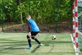 Goalkeeper catches the ball. Stadium goalie sports play ground game, grass soccer keeper man, outdoorsc ompetition