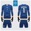 Goalkeeper jersey or soccer kit, long sleeve jersey, goalkeeper glove template design. t-shirt mock up. Front, back view uniform.