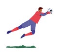 Goalkeeper Jump and Catch Ball in Air. Goalie Defend Gates in Soccer Tournament. Athlete Player Male Character in Motion Royalty Free Stock Photo