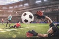 Goalkeeper jumping for the ball on football match Royalty Free Stock Photo