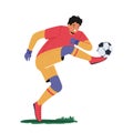 Goalkeeper Kicking Ball Defend Gates in Soccer Tournament. Goalie Male Character Wear Football Team Uniform in Motion Royalty Free Stock Photo
