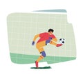 Goalkeeper Kicking Ball Defend Gates in Soccer Tournament. Goalie Male Character Wear Football Team Uniform in Motion