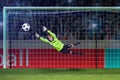 Goalkeeper kid saving in jump on a crowded stadium