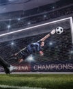 Goalkeeper jumping for the ball on football match Royalty Free Stock Photo