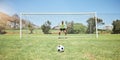 Goalkeeper, soccer field and sports man ready in penalty kick, competition game challenge and football field pitch Royalty Free Stock Photo