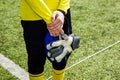 Goalkeeper standing on field with gloves