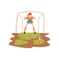 Goalkeeper Standing at Gate on Sport Field, Soccer Player, Summer Outdoor Activities Vector Illustration