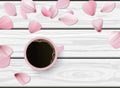 Hand drawn wooden vector flat lay with pink cup of coffee and scattered sakura petals. Negative space