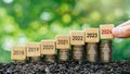 2024 goals concept.Hand holding a wooden cube from the past to 2024 on stack of coins to set business cost target and budget plan Royalty Free Stock Photo