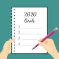 2020 goals. Hands hold notebook and pen and writing resolutions for the New Year. Vector illustration in cartoon simple flat style Royalty Free Stock Photo