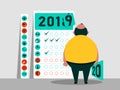 Tasks and plan for 2019 - 2020. Calendar of habits. Funny fat character. Happy New Year. Vector illustration. Royalty Free Stock Photo