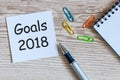 2018 goals on paper note background and office suplies on wood table, business and new year concept Royalty Free Stock Photo