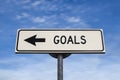 Goals road sign, arrow on blue sky background Royalty Free Stock Photo