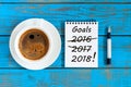 Goals 2018. Targets, goal, dreams and New Year`s promises for the next year with strikeout numbers of 2016 and 2017 last Royalty Free Stock Photo