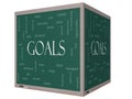 Goals Word Cloud Concept on a 3D cube Blackboard