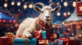 Charming White Goat with Christmas Presents Royalty Free Stock Photo