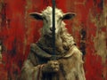 Goat animal medieval hero knight holding sword Generative AI