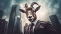 A goat in a businessman suit, with city skyscrapers in the background.