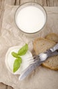 Goat cheese, bread and milk Royalty Free Stock Photo