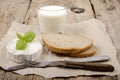 Goat cheese, bread and milk Royalty Free Stock Photo