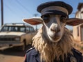 Goat cop with small patrol car