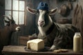 Goat dressed as a farmer advertises goat cheese, created with Generative AI technology